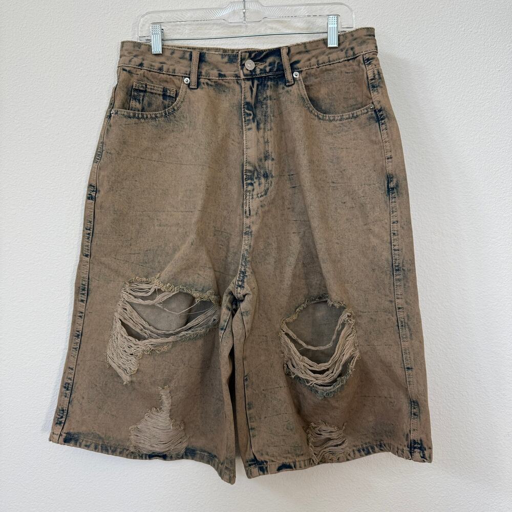 SUPERMADE Smile Now Cry Later Distressed Denim Shorts Brown Grunge Streetwear L